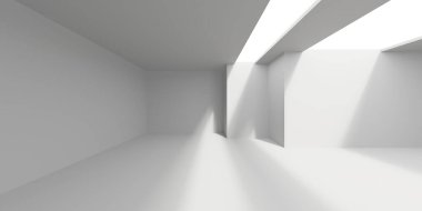 Minimalist oda alanı. Beyaz, temiz, içi boş bir mimari. 3d oluşturma