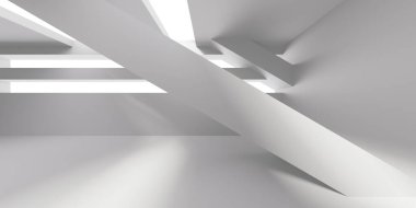 Beyaz, zarif, boş bir alan. Beyaz duvar odası arka planı. Soyut iç mekan. 3d oluşturma