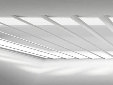 Beyaz, zarif, boş bir alan. Beyaz duvar odası arka planı. Soyut iç mekan. 3d oluşturma