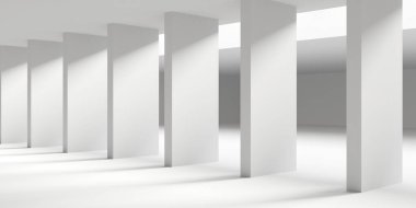 Minimalist oda alanı. Beyaz, temiz, içi boş bir mimari. 3d oluşturma