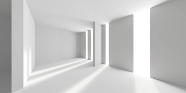 Minimalist oda alanı. Beyaz, temiz, içi boş bir mimari. 3d oluşturma