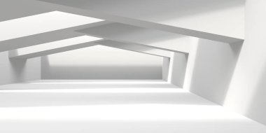 Beyaz, zarif, boş bir alan. Beyaz duvar odası arka planı. Soyut iç mekan. 3d oluşturma