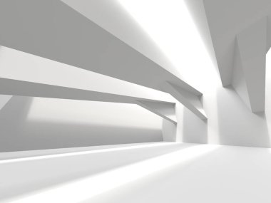 Beyaz, zarif, boş bir alan. Beyaz duvar odası arka planı. Soyut iç mekan. 3d oluşturma