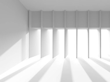 Beyaz, zarif, boş bir alan. Beyaz duvar odası arka planı. Soyut iç mekan. 3d oluşturma