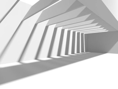 Beyaz, zarif, boş bir alan. Beyaz duvar odası arka planı. Soyut iç mekan. 3d oluşturma