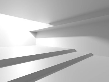 Beyaz, zarif, boş bir alan. Beyaz duvar odası arka planı. Soyut iç mekan. 3d oluşturma