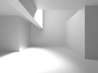 Minimalist oda alanı. Beyaz, temiz, içi boş bir mimari. 3d oluşturma