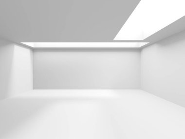Minimalist oda alanı. Beyaz, temiz, içi boş bir mimari. 3d oluşturma