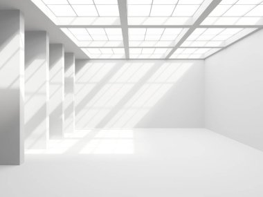 Minimalist oda alanı. Beyaz, temiz, içi boş bir mimari. 3d oluşturma