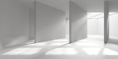 Minimalist oda alanı. Beyaz, temiz, içi boş bir mimari. 3d oluşturma