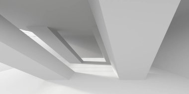 Beyaz, zarif, boş bir alan. Beyaz duvar odası arka planı. Soyut iç mekan. 3d oluşturma