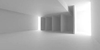 Minimalist oda alanı. Beyaz, temiz, içi boş bir mimari. 3d oluşturma