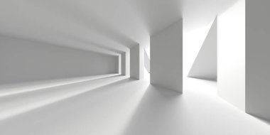 Minimalist oda alanı. Beyaz, temiz, içi boş bir mimari. 3d oluşturma