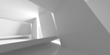 Beyaz, zarif, boş bir alan. Beyaz duvar odası arka planı. Soyut iç mekan. 3d oluşturma