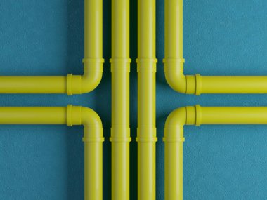 Mavi duvardaki su ya da gaz sarı metal borular. 3d oluşturma
