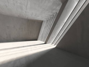 Gökyüzüne açılan pencereli beton duvar boş. Endüstriyel inşaat geçmişi. 3d oluşturma