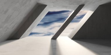 Gökyüzüne açılan pencereli beton duvar boş. Endüstriyel inşaat geçmişi. 3d oluşturma