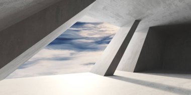 Gökyüzüne açılan pencereli beton duvar boş. Endüstriyel inşaat geçmişi. 3d oluşturma