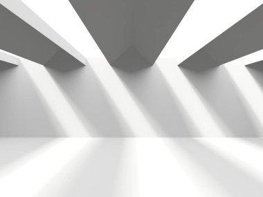 İçi boş, beyaz bir boşluk. Geleceğin boş odası. 3d oluşturma