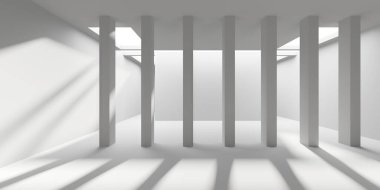 İçi boş, beyaz bir boşluk. Geleceğin boş odası. 3d oluşturma