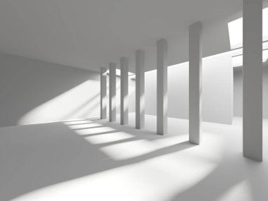 İçi boş, beyaz bir boşluk. Geleceğin boş odası. 3d oluşturma