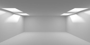 İçi boş, beyaz bir boşluk. Geleceğin boş odası. 3d oluşturma