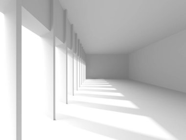 Minimalist oda alanı. Beyaz, temiz, içi boş bir mimari. 3d oluşturma