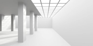 Beyaz, zarif, boş bir alan. Beyaz duvar odası arka planı. Soyut iç mekan. 3d oluşturma