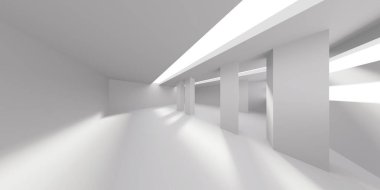 Beyaz, zarif, boş bir alan. Beyaz duvar odası arka planı. Soyut iç mekan. 3d oluşturma