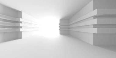 Beyaz modern uzay mimari arka planı. Fütürist tasarım. Mimari iç mimari. 3d oluşturma