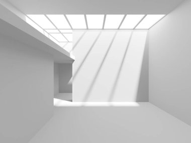 Beyaz, zarif, boş bir alan. Beyaz duvar odası arka planı. Soyut iç mekan. 3d oluşturma