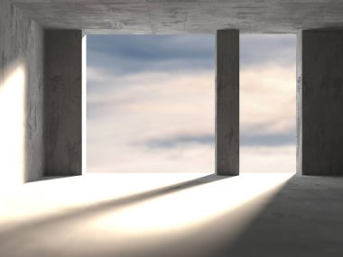 Gökyüzüne açılan pencereli beton duvar boş. Endüstriyel inşaat geçmişi. 3d oluşturma
