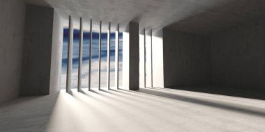 Gökyüzüne açılan pencereli beton duvar boş. Endüstriyel inşaat geçmişi. 3d oluşturma