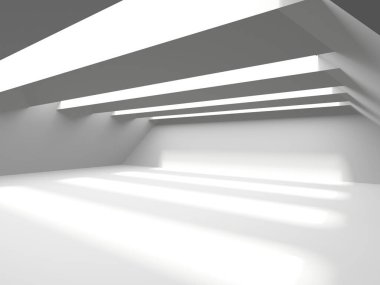 İçi boş, beyaz bir boşluk. Geleceğin boş odası. 3d oluşturma