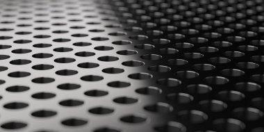 Noktalı çelik zemin üzerinde delikler var. Endüstriyel doku. 3d oluşturma
