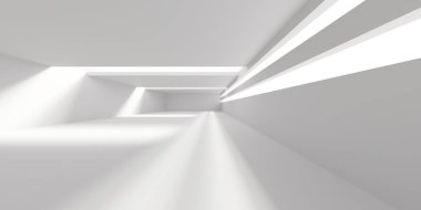 Minimalist oda alanı. Beyaz, temiz, içi boş bir mimari. 3d oluşturma