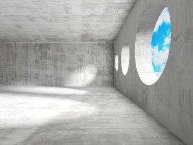 Bulutlu mavi gökyüzüne açılan pencereli müstakbel boş oda. Soyut inşaat konsepti. 3d Hazırlama