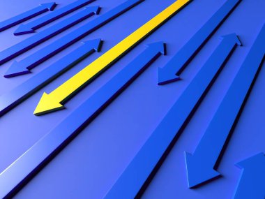 Kalabalıktan bir sarı ok öne çıkıyor. Liderlik kavramı. 3d oluşturma