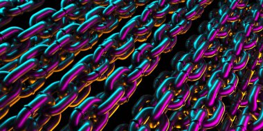 Neon ışıkta metal zincirler. Güçlü demir halkalar