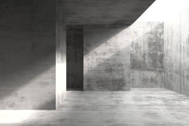 Beton tavan ve duvarları olan büyük boş bir oda.