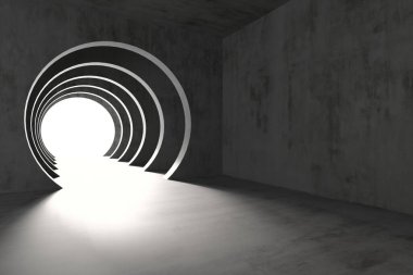 Beton halkalı ve sonunda parlak ışık olan gelecekçi bir tünel. 3d hazırlayıcı.