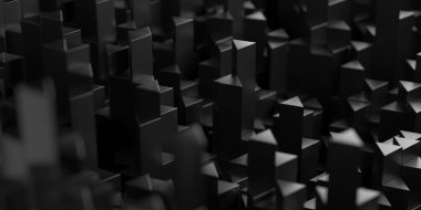 Karanlık minimalist gökdelenleri olan soyut geometrik şehir manzarası. 3d hazırlayıcı..