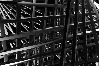 Metalik ışınları ve dinamik gölgeleri olan soyut geometrik yapı. 3d hazırlayıcı.