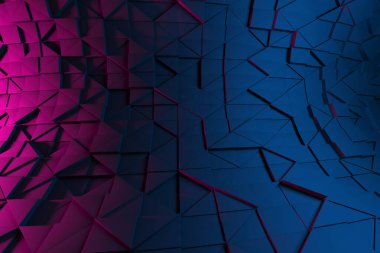 Modern iç tasarım için mavi ve pembe üçgenli soyut geometrik duvar. 3d hazırlayıcı.