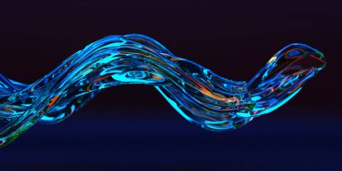 Dinamik akışı ve parlak röfleleri olan soyut mavi cam dalgası. 3d hazırlayıcı.