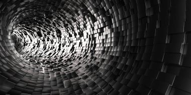 Dijital sanat ve tasarım için metalik küp desenli fütüristik soyut tünel. 3d hazırlayıcı..