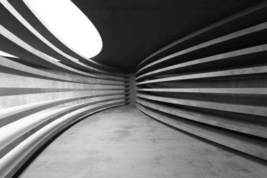 Kıvrımlı beton duvarları ve minimalist tasarımı olan fütüristik mimari. 3d hazırlayıcı.