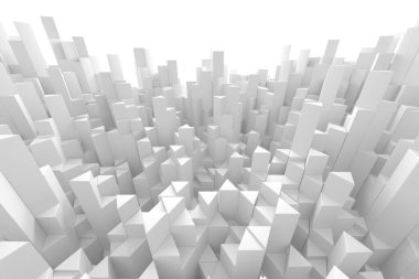 Soyut geometrik gökdelenleri olan gelecekçi şehir manzarası, modern mimari ilham için minimalist tasarım. 3d hazırlayıcı.