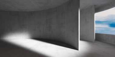 Eğri beton duvarları ve gökyüzü manzarasına açılan geniş pencereli minimalist mimari alan. 3d hazırlayıcı..