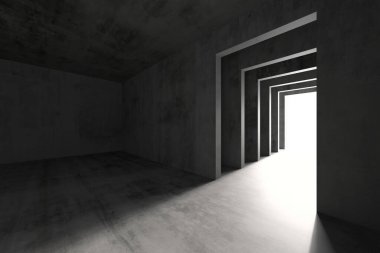 Işığa giden geometrik geçitli minimalist beton mimari. 3d hazırlayıcı.